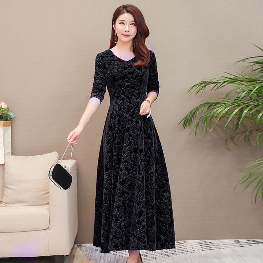 Women's Embossed Long Sleeve Temperament Slim Fit Dress