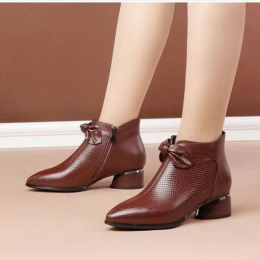 Womens Elegant Chunky Mid-Heel Boots with Bow Tie – Pointed Toe Autumn/Winter Stable Fit Shoes