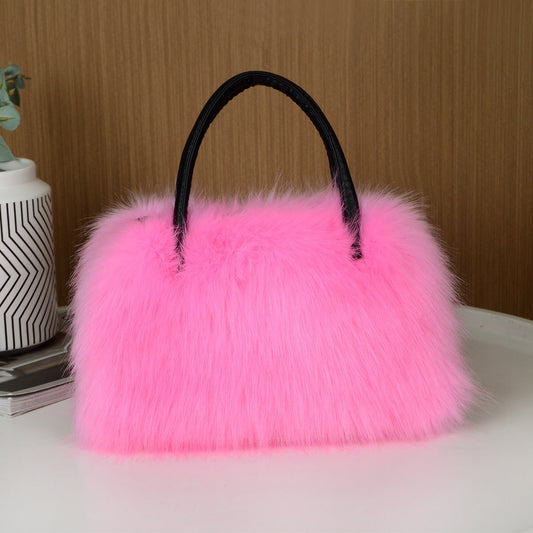 High-end Hand-carrying Square Plush Bag Fur Raccoon Fur Handbag Large Capacity