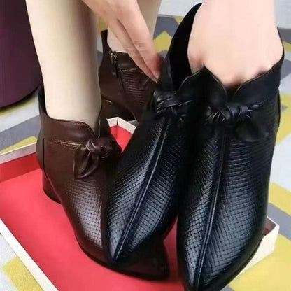 Womens Elegant Chunky Mid-Heel Boots with Bow Tie – Pointed Toe Autumn/Winter Stable Fit Shoes