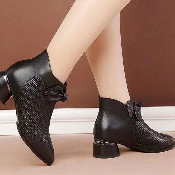 Womens Elegant Chunky Mid-Heel Boots with Bow Tie – Pointed Toe Autumn/Winter Stable Fit Shoes