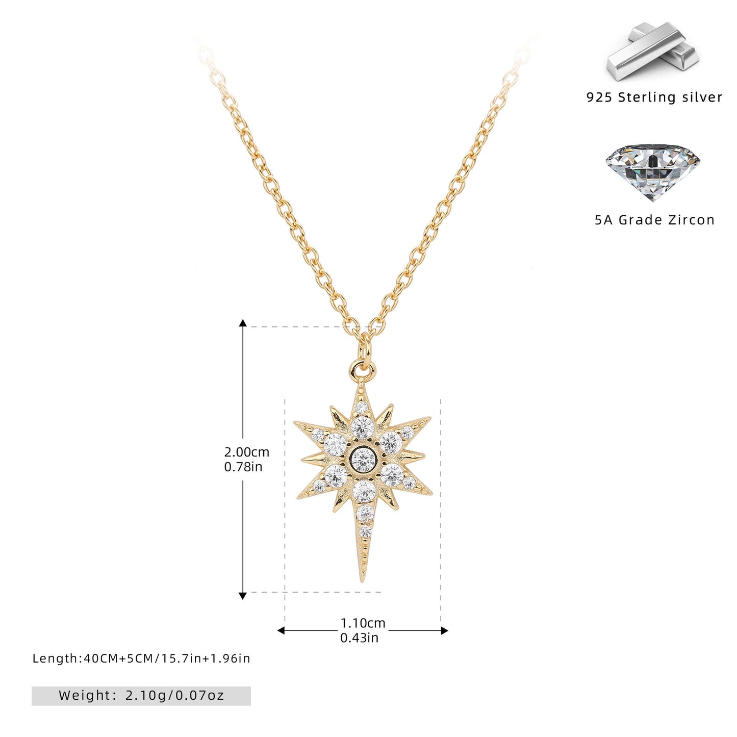 S925 Sterling Silver Inlaid Stone Eight-pointed Stars Pendant Necklace