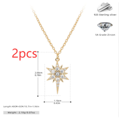 S925 Sterling Silver Inlaid Stone Eight-pointed Stars Pendant Necklace