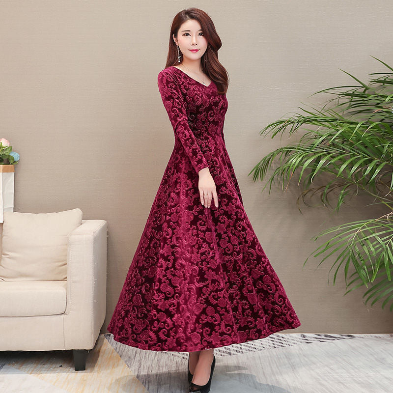 Women's Embossed Long Sleeve Temperament Slim Fit Dress