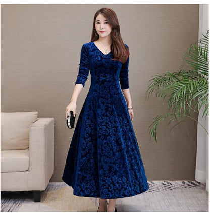 Women's Embossed Long Sleeve Temperament Slim Fit Dress