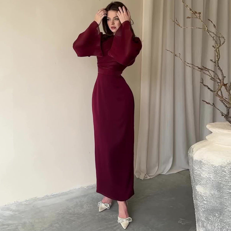 Women's New Fashionable Elegant Solid Color Waist Tight Long Sleeve Dress