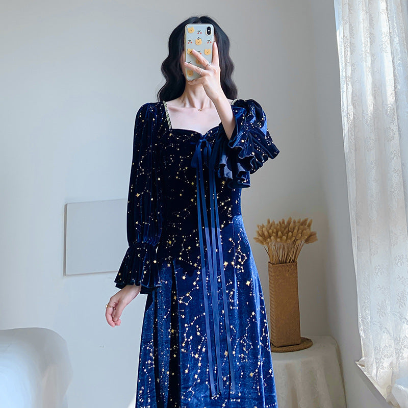 Court Retro Hot Gold Velvet Dress