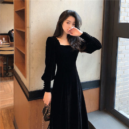 Women's Square Neck Solid Velvet Dress