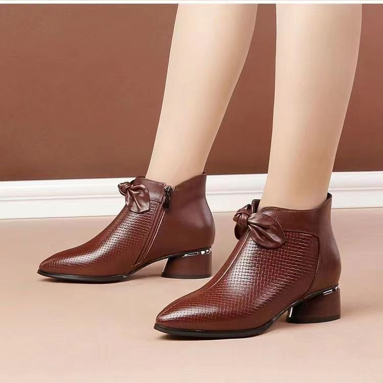 Womens Elegant Chunky Mid-Heel Boots with Bow Tie – Pointed Toe Autumn/Winter Stable Fit Shoes