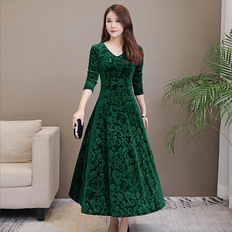 Women's Embossed Long Sleeve Temperament Slim Fit Dress