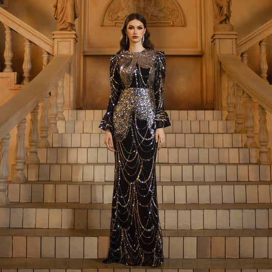 Long Sleeve Round Neck Slim-fit Sheath Sequined Banquet Fishtail Evening Dress