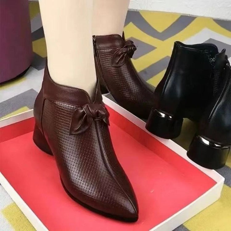 Womens Elegant Chunky Mid-Heel Boots with Bow Tie – Pointed Toe Autumn/Winter Stable Fit Shoes