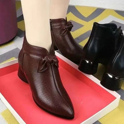 Womens Elegant Chunky Mid-Heel Boots with Bow Tie – Pointed Toe Autumn/Winter Stable Fit Shoes