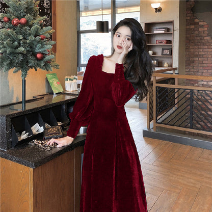 Women's Square Neck Solid Velvet Dress
