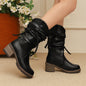 Womens Fashion Knitted Strap Mid-Calf Boots With Chunky Heels