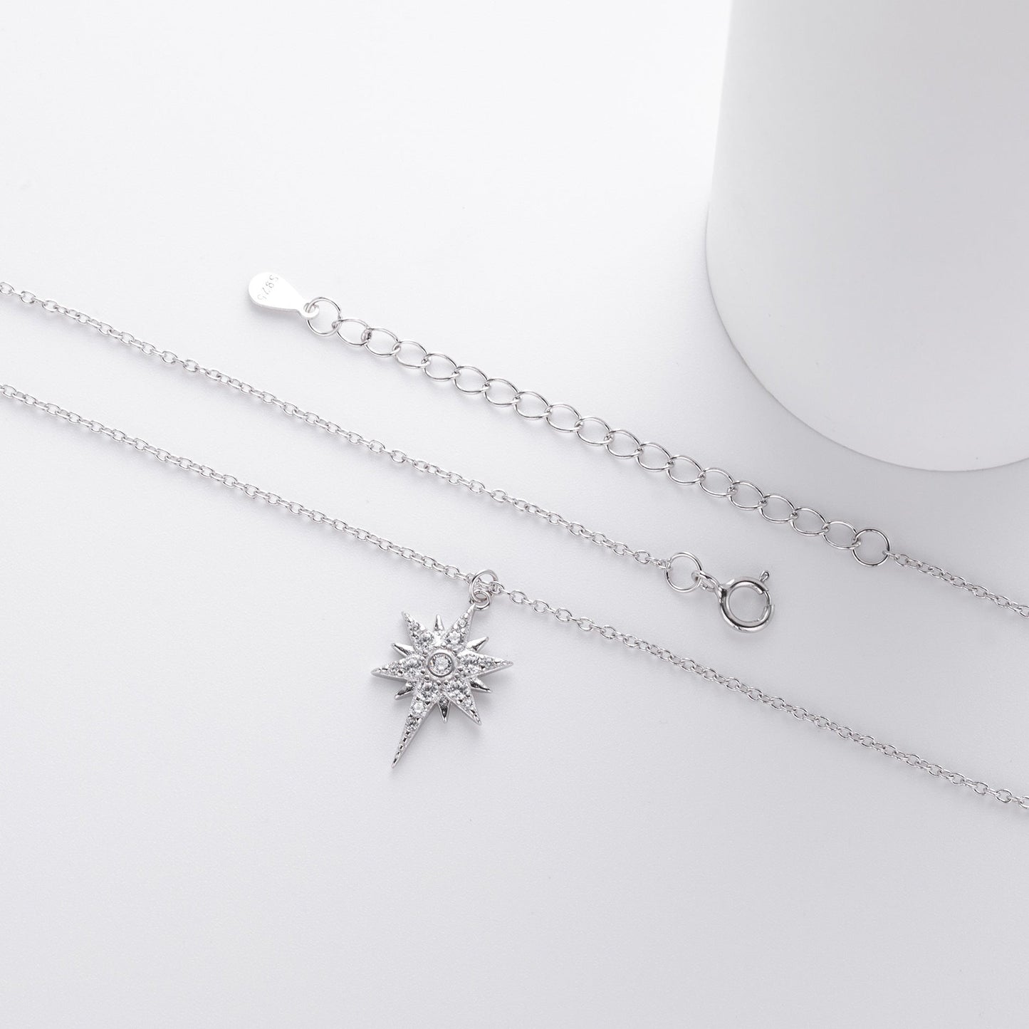 S925 Sterling Silver Inlaid Stone Eight-pointed Stars Pendant Necklace