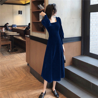 Women's Square Neck Solid Velvet Dress
