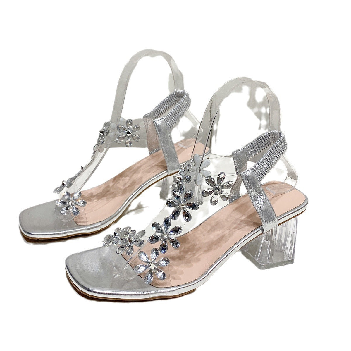 Fashion Flowers Sandals With Transparent High Square Heels Summer Square Toe Shoes For Women