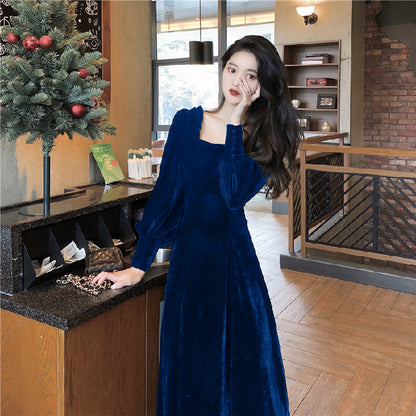 Women's Square Neck Solid Velvet Dress