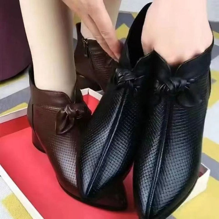 Womens Elegant Chunky Mid-Heel Boots with Bow Tie – Pointed Toe Autumn/Winter Stable Fit Shoes