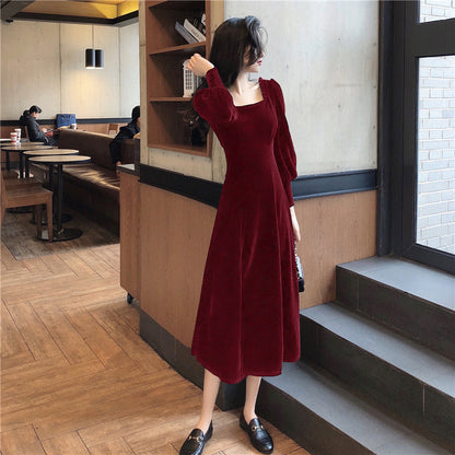 Women's Square Neck Solid Velvet Dress
