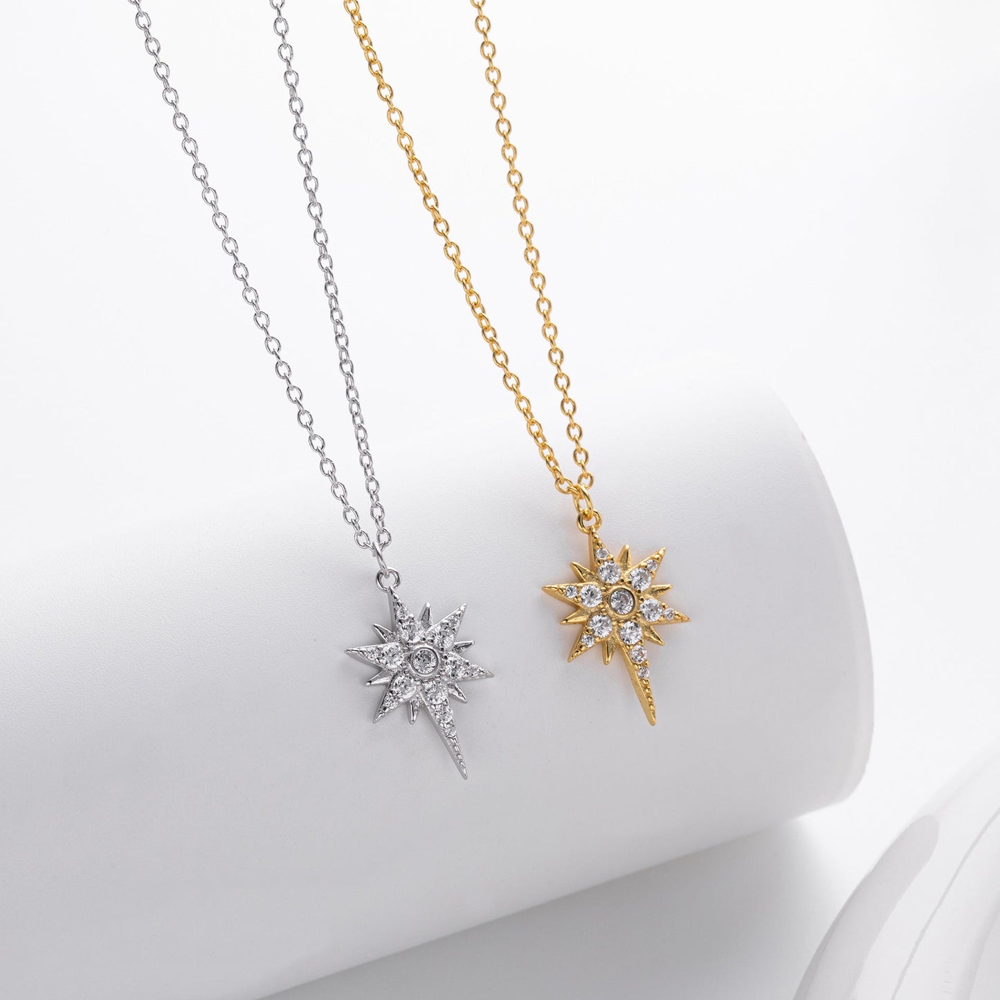 S925 Sterling Silver Inlaid Stone Eight-pointed Stars Pendant Necklace