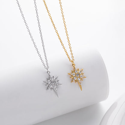 S925 Sterling Silver Inlaid Stone Eight-pointed Stars Pendant Necklace