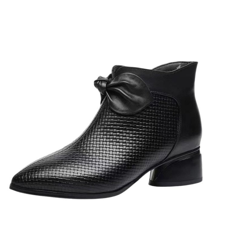 Womens Elegant Chunky Mid-Heel Boots with Bow Tie – Pointed Toe Autumn/Winter Stable Fit Shoes
