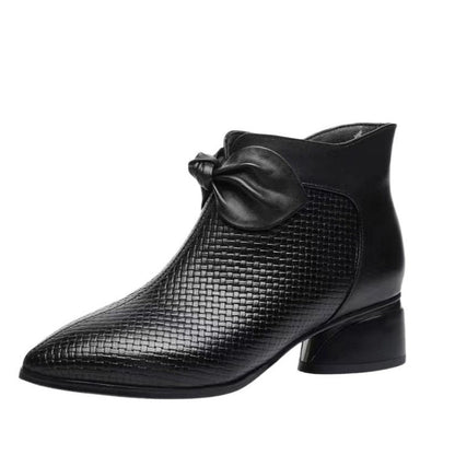 Womens Elegant Chunky Mid-Heel Boots with Bow Tie – Pointed Toe Autumn/Winter Stable Fit Shoes